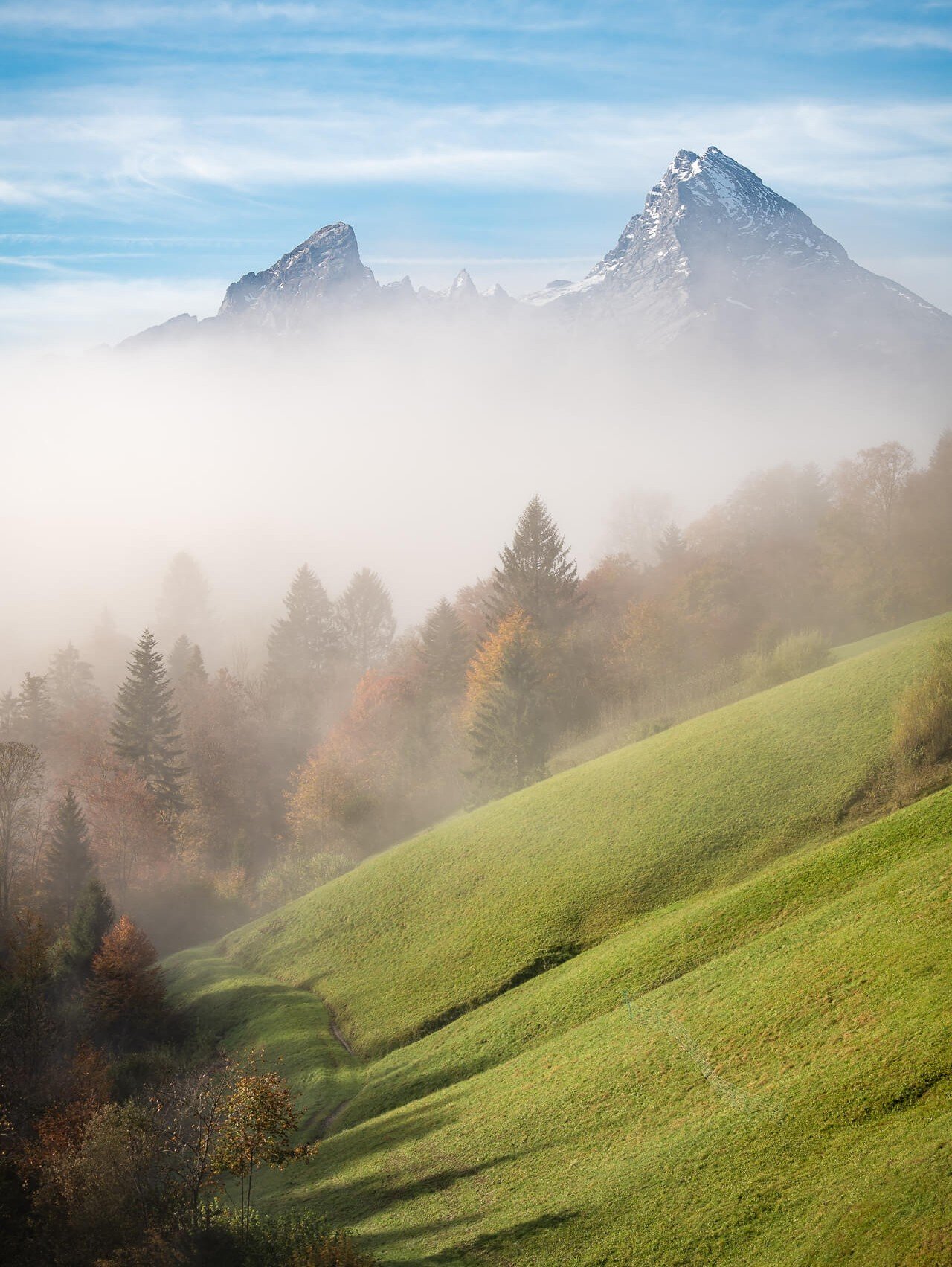 Die Gipfel des Watzmanns über einer nebligen Landschaft mit grünen Wiesen und Nadelwald.